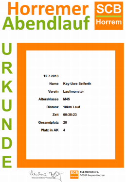 Urkunde Horremer Abendlauf 2013